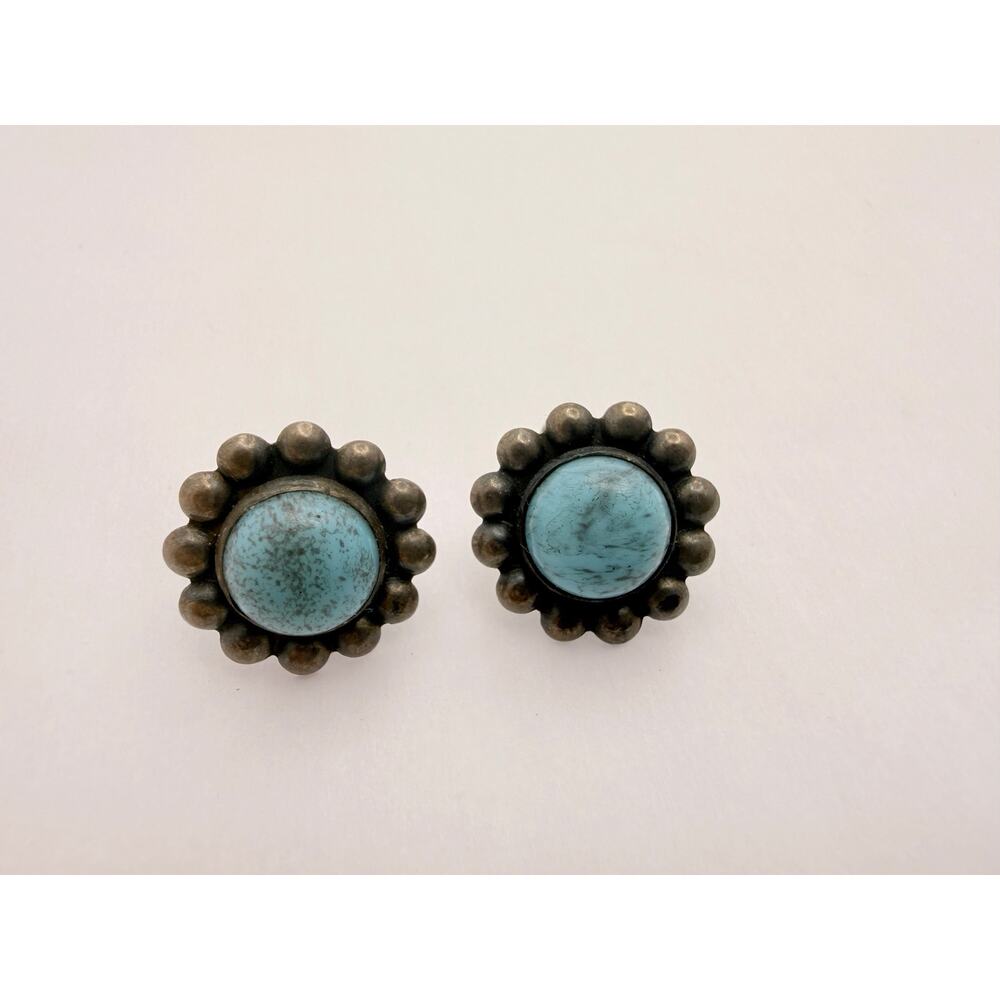 Antique 30s Fred Harvey Era Navajo Sterling Silver Turquoise Screw Back Earrings